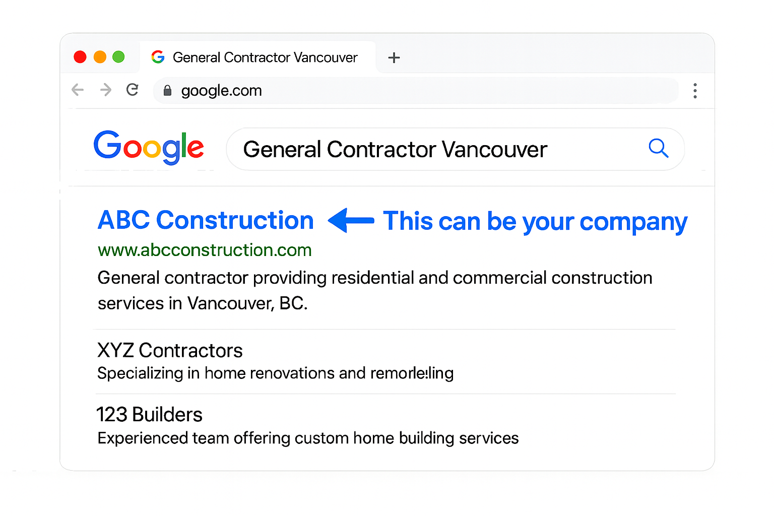 contractor-web-design-google-ranking-vancouver Example of a contractor company ranking on Google search results for Contractor in Vancouver